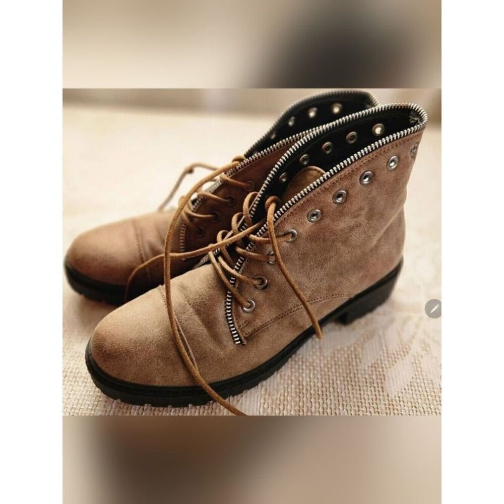 Cupid faux Leather Lace-Up Ankle Boots in Taupe w metal eyelets and zipper trim